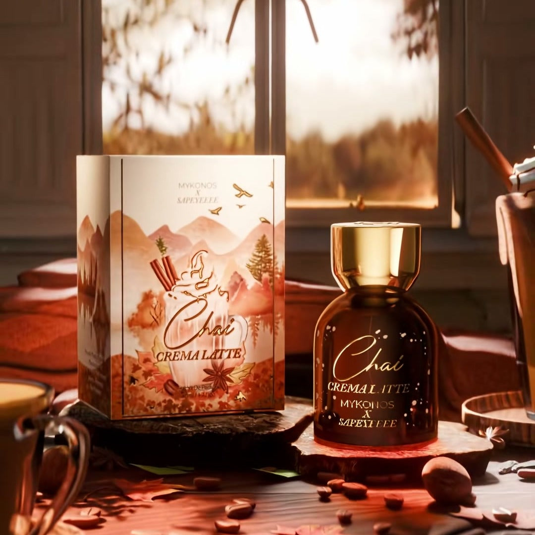 Mykonos x Sapeyeeee Chai Crema Latte Extrait de Parfum – bottle and box